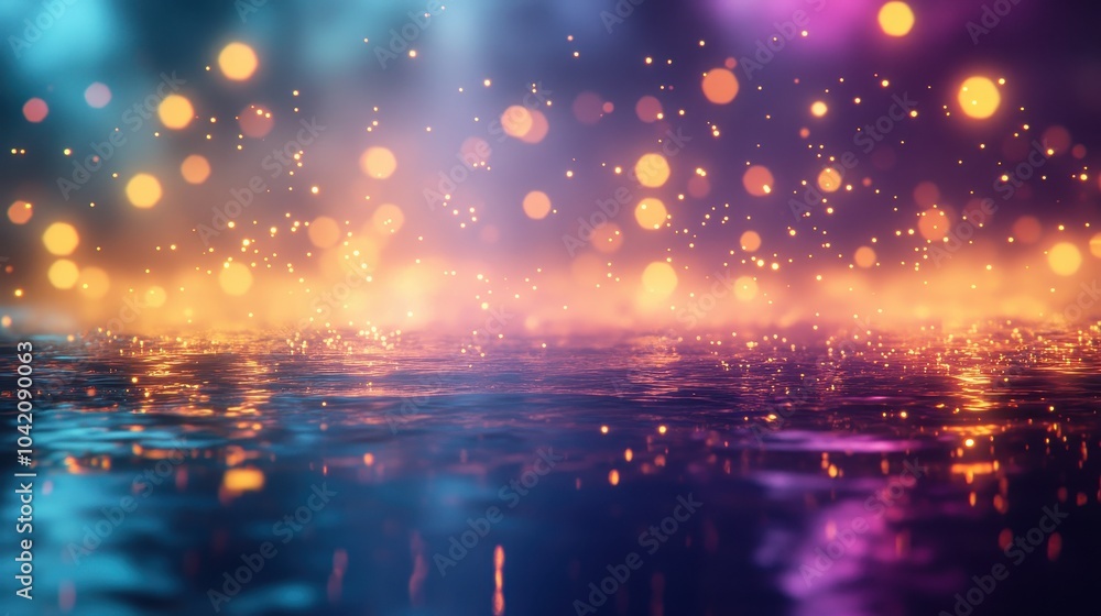 Poster a vibrant scene of shimmering water with glowing bokeh lights, creating a magical and serene atmosph