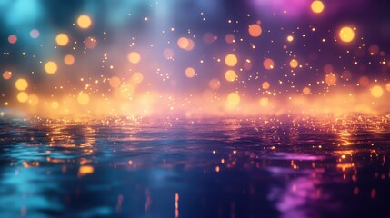 Naklejka premium A vibrant scene of shimmering water with glowing bokeh lights, creating a magical and serene atmosphere.
