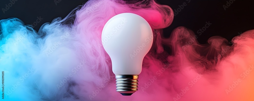 Poster vibrant colorful light bulb with surreal mist and glowing aura - stunning patterns of light and colo