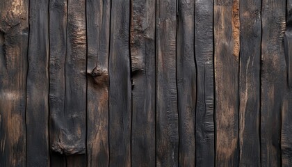 Fototapeta premium A textured wooden wall with dark, charred planks, showcasing natural variations and rustic charm. Perfect for design and decor themes.