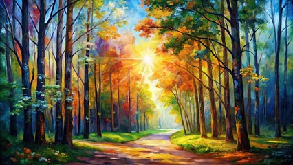 Contemporary modern landscape oil painting with bright sun in the forest nature