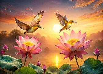 Fototapeta premium Vibrant Sunset with Yellow Birds and Hummingbirds on Lotus Flowers in a Pink Background