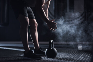 Person, weightlifting and kettlebell as bodybuilder or athlete in sport practice, training or gym....