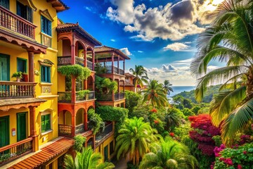 Naklejka premium Vibrant Tropical Buildings with Balconies in a Colorful Setting for Stunning Stock Photos