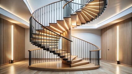 Fototapeta premium Contemporary spiral staircase with light wood and black iron accents underlit for a sleek look