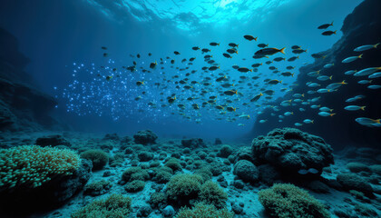 Fototapeta premium Cardumen de peces nadando sobre un arrecife con destellos luminosos en las profundidades del océano.