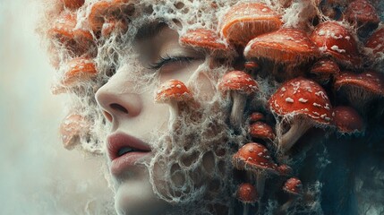 Fototapeta premium Surreal Woman Transformed by Mushrooms