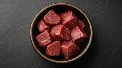 Bowl of fresh, raw beef cubes sits on dark slate surface, ready for cooking. vibrant red color and texture of meat are highlighted, suggesting quality and freshness