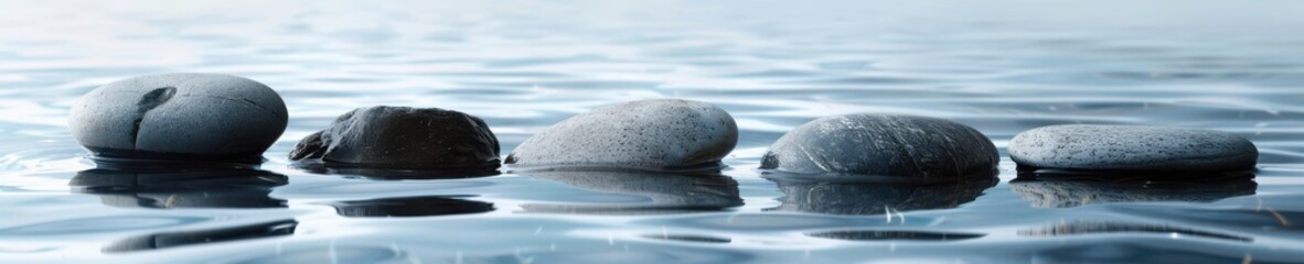Smooth zen stones partially submerged in calm water, creating a tranquil and balanced atmosphere with soft reflections. Free copy space for text.