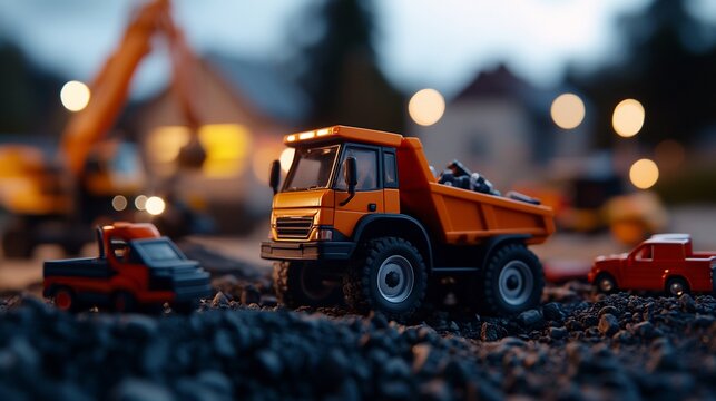 Toy dump truck in a construction scene with blurred background of other toy vehicles.