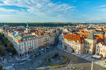 Obraz premium View of Jan Hus Memorial in Old Town Square from Old Town Hall Clock Tower. in Prague, Czech Republic.