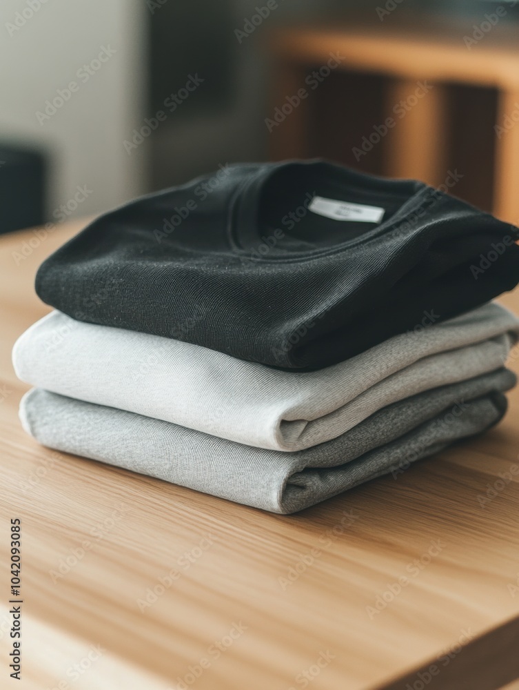 Poster three pieces of minimalist sportswear are neatly folded on a smooth table, emphasizing a clean and o