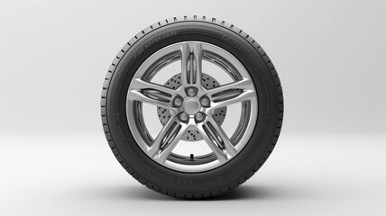 Obraz premium A shiny, modern alloy wheel with a tire isolated on white background, showcasing a sleek design suitable for vehicles.