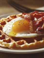 Waffle breakfast with egg and bacon