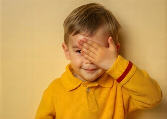 Five year old boy covered his eyes with his hand. Childhood. Children's games.