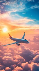 White airplane gracefully soars above a stunning sunset, evoking wanderlust and freedom. Explore the beauty of this aerial journey through the colorful sky