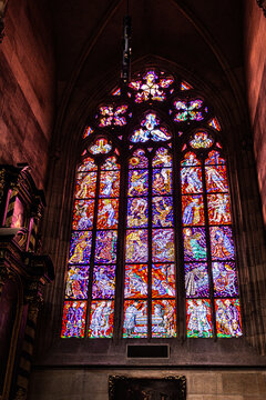 St. Vitus Cathedral's Interior Stained Glass Windows In Prague Castle in Prague, Czech Republic.