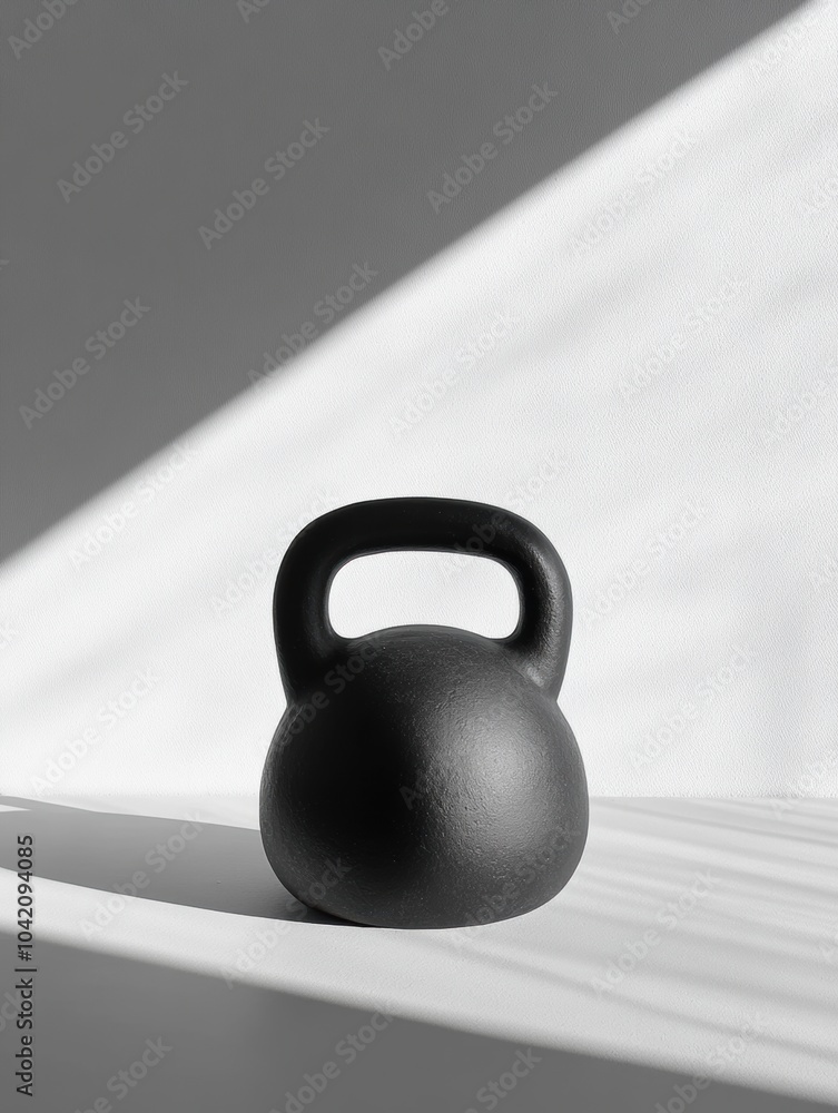 Poster This black kettlebell sits on a surface where light and shadows create a striking contrast, highlighting its functional design. Generative AI