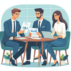 Partners meeting for business discussion with documents and laptop on desk. Couple at round table, speaking, discussing work, partnership. Flat vector illustration isolated on white background