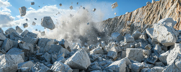 Dynamic scene of stone blasting in quarry, showcasing large rocks being dislodged and debris flying through air. powerful explosion creates dramatic and energetic atmosphere
