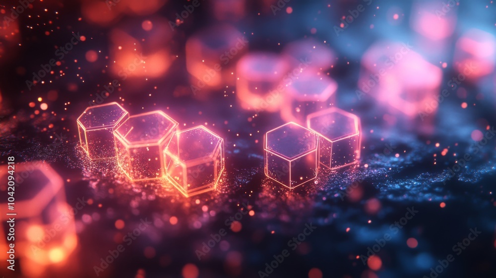 Poster Brightly illuminated hexagonal shapes float amidst a dark, vibrant backdrop, creating a captivating abstract scene filled with color and light.