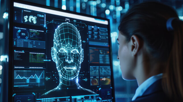 Person face on computer screen of biometric system in dark room, facial recognition with AI technology. Concept of identification, id, woman