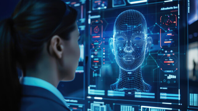 Human face on computer screen of biometric system in dark room or lab, facial recognition with AI technology. Concept of identification, person, deepfake, scan