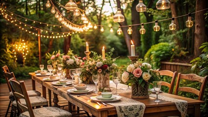 Obraz premium Vintage DIY Backyard Reception Table Setup for Beautiful Outdoor Events