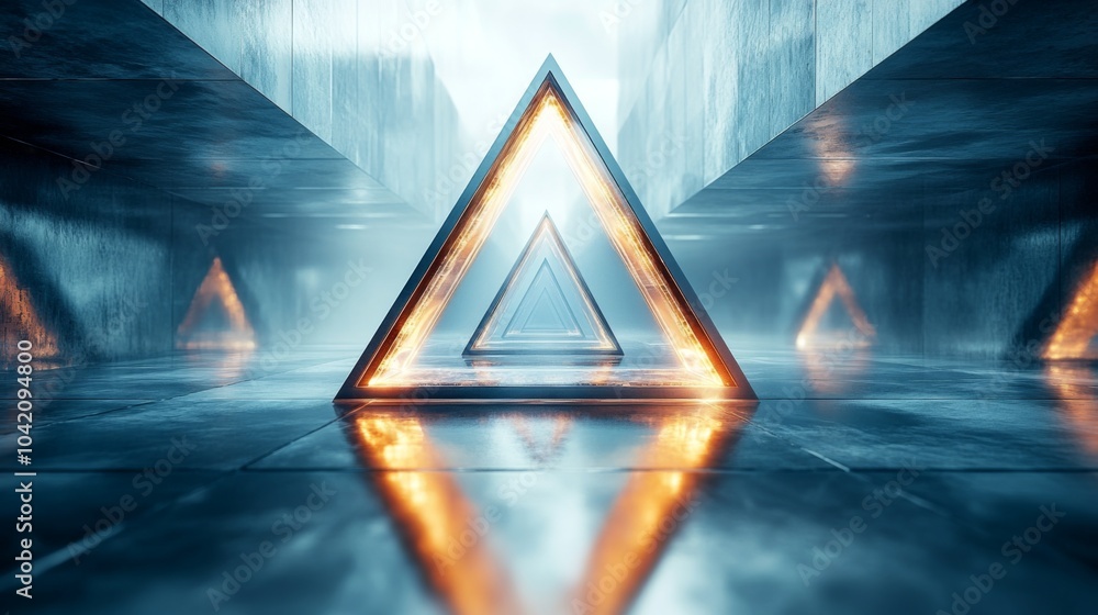 Poster A series of illuminated triangular shapes are positioned in a sleek, reflective space, creating an atmosphere of mystery and intrigue. The soft glow adds depth to the surroundings.