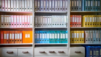 an organized file cabinet in a medical office with color coded files