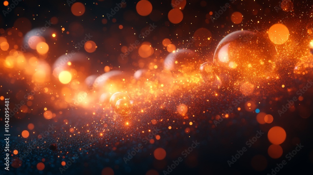 Aufkleber Bright orange bubbles surround an energetic glow amid a dark backdrop, creating a surreal and captivating visual effect that evokes excitement.