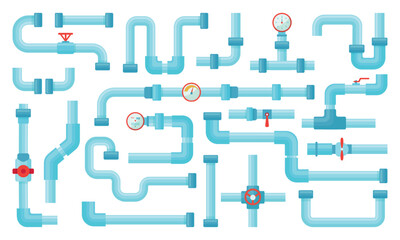 Cartoon industrial pipes. Plastic metal pipe with valves. System for water tube, gas fuel or air duct. Flows technology elements, neoteric vector set
