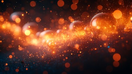 Obraz premium Bright orange bubbles surround an energetic glow amid a dark backdrop, creating a surreal and captivating visual effect that evokes excitement.