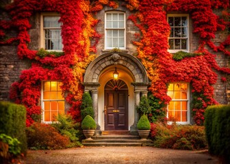 Vintage Georgian Style House with Autumn Leaves - Surreal Front Door Scene