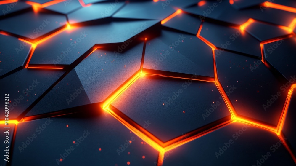 Poster The surface features a striking hexagonal pattern with vibrant orange illumination along the edges, creating a modern and captivating design element suitable for various artistic applications.