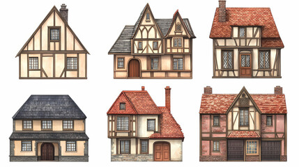 Fototapeta premium Tudor houses png cut out element set. Tudor Mansion. Illustration