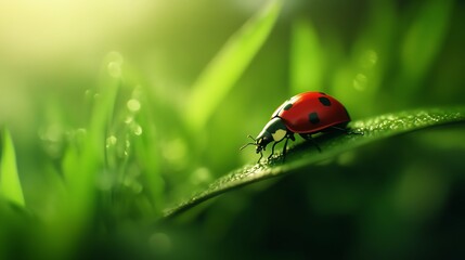 Fototapeta premium Ladybug on green leaf with dew drops.