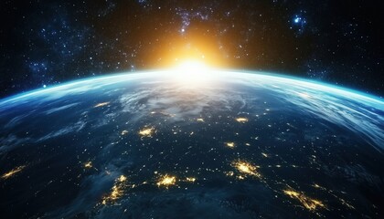 Global Communication System And The World Wide Web: A View Of Earth At Night From Space With Illuminated Lines Representing Connectivity In Business And Finance. Technologies And Communications.