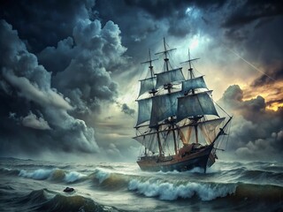 Obraz premium Vintage Haunted Ghost Ship Sailing Through Stormy Sea with Tattered Sails
