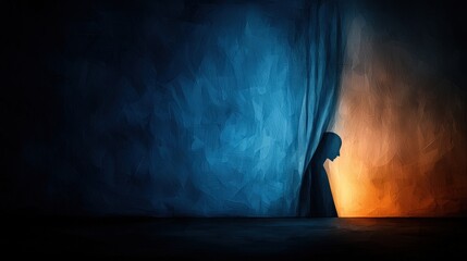 Silhouette of Figure Peeking through Curtain in Dark Room with Abstract Background