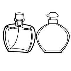 Obraz premium Perfume glass bottle realistic transparent, abstract geometric technical, blank white cosmetic cone shape bottle cap vector illustration