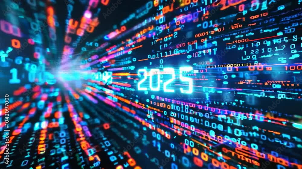 Poster vibrant digital numbers and binary code dynamic representation of 2023, showcasing technology and in