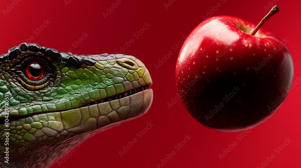 Poster a close-up of a green dinosaur looking at a red apple on a red background.