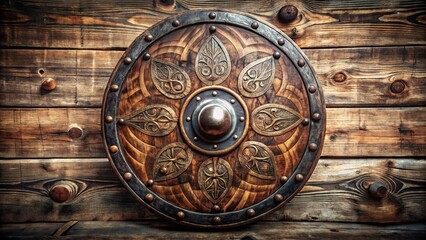 Vintage Medieval Wooden Shield Isolated on White Background - Authentic Viking Design for Historical Themes