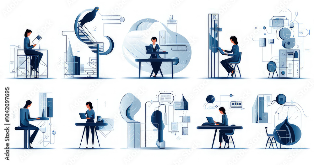 Poster a collection of illustrations depicting various work environments and tasks isolated on white backgr