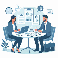 Partners meeting for business discussion with documents and laptop on desk. Couple at round table, speaking, discussing work, partnership. Flat vector illustration isolated on white background