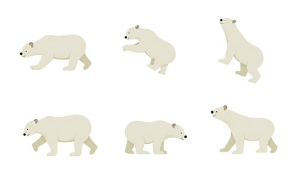 Obraz premium polar bears on a white background in different positions- one standing tall, one playing, one lying down, one walking, one swimming, one resting.