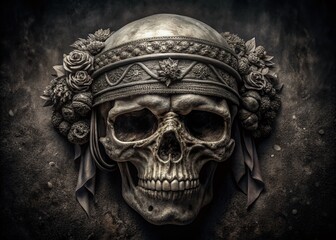Vintage Monochrome Demon Skull with Blindfold - Panoramic Photography Art