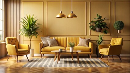 Fototapeta premium Vintage Minimalist Lounge with Mustard Yellow Furniture and Striped Monochrome Floor for Relaxation and Aesthetic