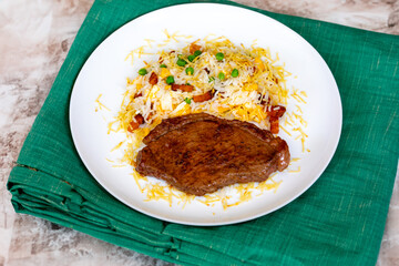 Authentic Brazilian food, grilled picanha steak with birobiro rice